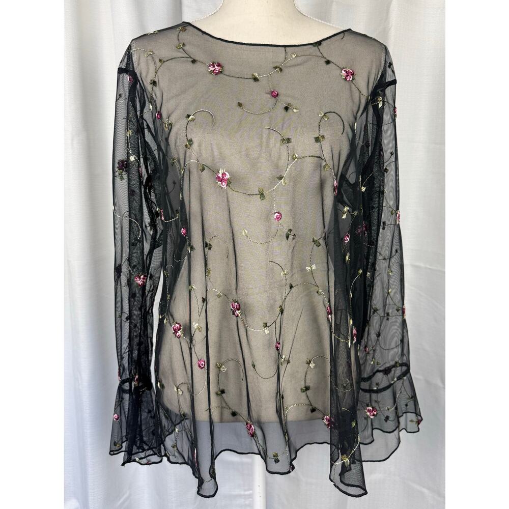 POL Mesh Floral Embroidered Top‎ L Fairy Grunge Coquette Sheer Bell Sleeve